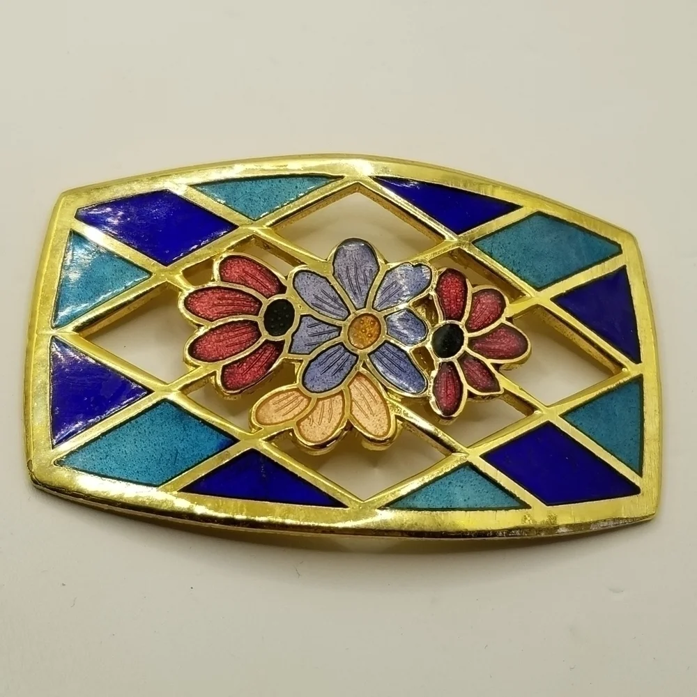 Vintage Cloisonne Brooch Pin Flowers Harlequin Pattern Multi Color Gold Tone